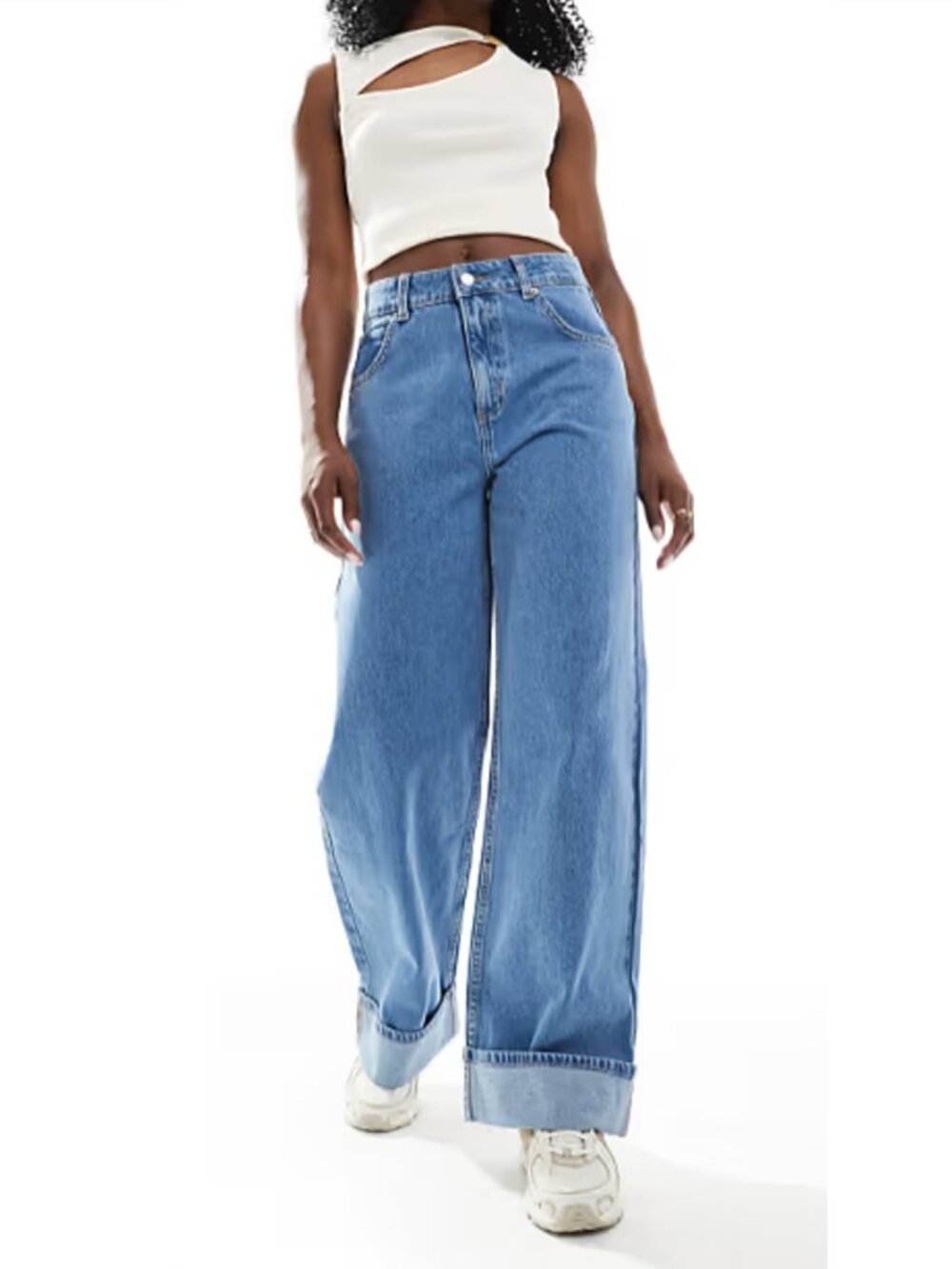 ASOS DESIGN l Loose Jean with Deep Turn Up Cuff, Clean Mid Blue, size 16